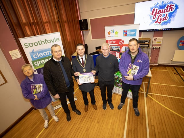 The Deputy Mayor of Derry City and Strabane District Council, Jason Barr pictured at the launch of the Strathfoyle Village Plan at the Strathfoyle Teachers Training Centre on Thursday morning. Included from left are Michelle Hayden, Enagh Youth Forum, Ken Bresline, NIHE, Fergal O'Donnell, Insight Solutions and Paul Hughes, Enagh Youth Forum.

