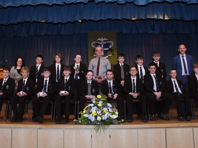 Year 8 Commitment  prizewinners 2022 2023 pictured at the St. Columb’s College Annual Prizegiving last week with Mrs C McLaughlin, Vice Principal, Mr T McGonigle, Senior Teacher  and Mr D Marlow, Year Head.  