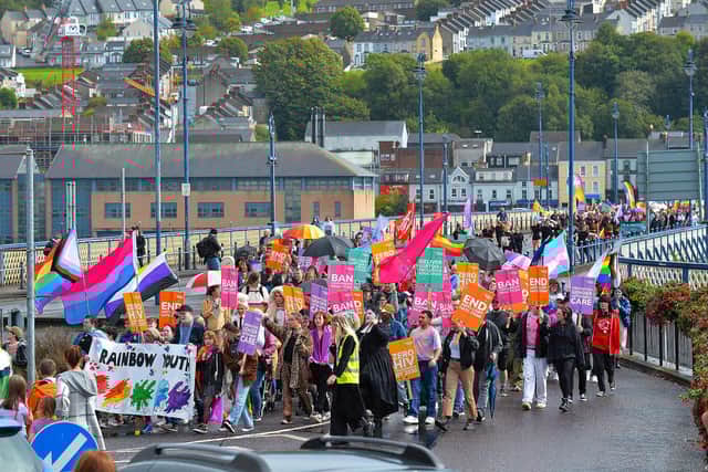 The 2024 Foyle Pride Parade on Craigavon Bridge. Photo: George Sweeney