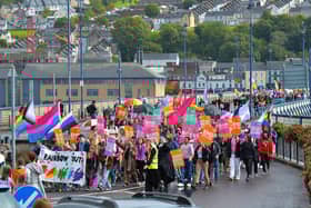 The 2024 Foyle Pride Parade on Craigavon Bridge. Photo: George Sweeney