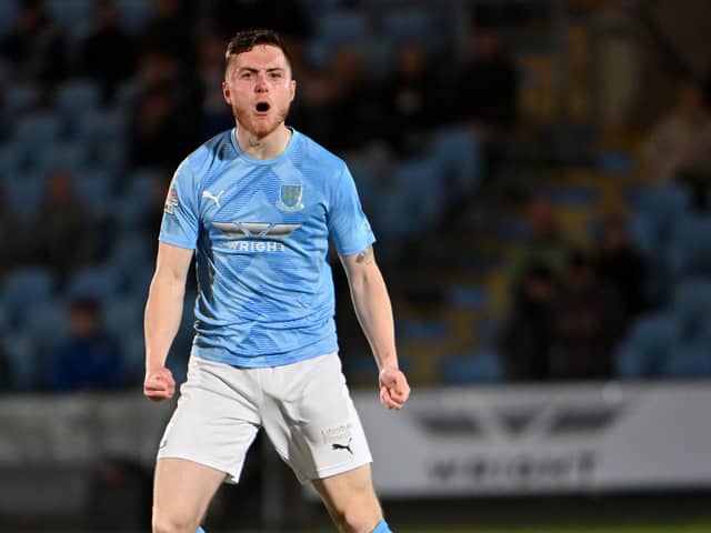 Ballymena’s Calvin McCurry celebrates scoring the winner at Warden Street. Mandatory Credit INPHO/Presseye/Stephen Hamilton