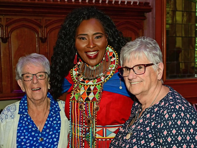 The Mayor Councillor Lilian Seenoi-Barr pictured with Moya Colhoun and Liz McGilloway as she hosted an Afrobeat Tea dance in the Guildhall which blended traditional waltzes with a selection of upbeat tunes bringing people to their feet on the dance floor of the main hall. Picture Martin McKeown. 09.10.24