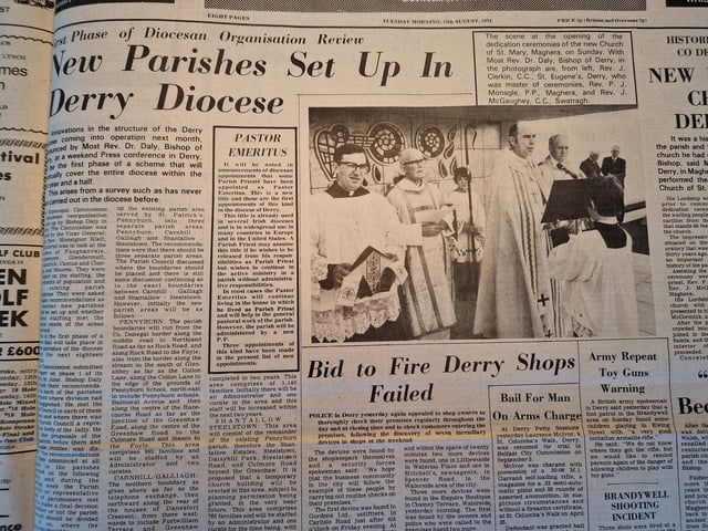 The opening paragraph reads: "Innovations in the structure of the Derry Diocese coming into operation next month, announced by Most Rev. Dr. Daly, Bishop of Derry, at a weekend press conference in Derry, will be the first phase of a scheme that will eventually cover the entire diocese within the first year and a half. This arises from a survey such as has never been carried out in the diocese before."