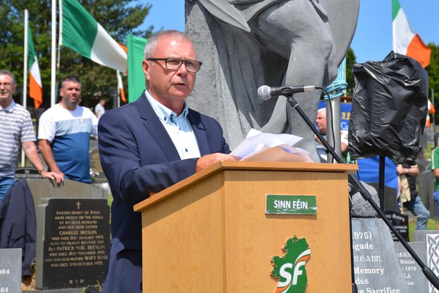 South Armagh republican Sean Hughes addressing the main Derry Volunteers Sunday commemoration in the City Cemetery at the weekend.