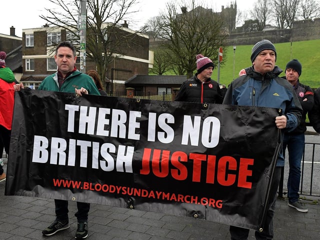 Relatives and supporters march from Free Derry Wall to Celtic Park, on Sunday afternoon, to protest against the British Government’s Legacy Bill’s lack of investigation into the deaths of Sean Brown and Patrick Kelly. Photo: George Sweeney
