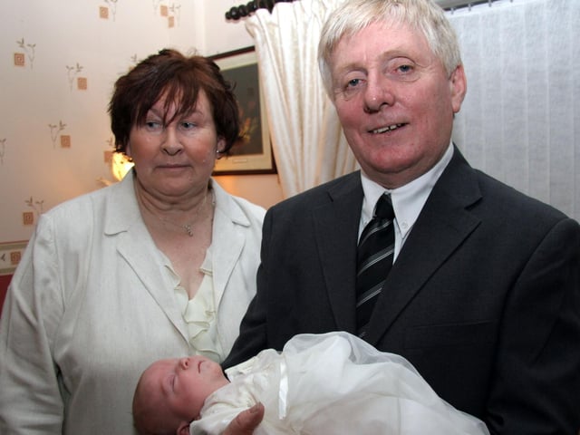 Baby Megan pictured with her grandparents Pat and Ann Walsh 0047JML : Parties and celebrations March 2006: Megan Ann Eileen Smith.