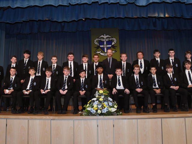 Year 10 Academic Prizewinners 2022-2023 at St. Columb’s College, pictured with Mr J Johnston (Acting Vice Principal), Mr G Millar, Year Head and Mrs D Duffy, Senior Teacher.