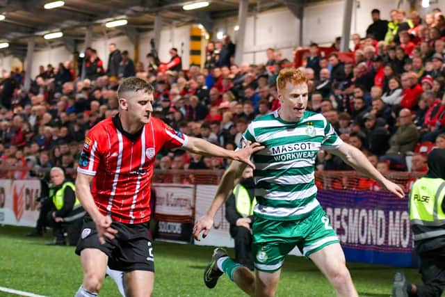 Shamrock Rovers striker Rory Gaffney, pictured up against Ronan Boyce at Brandywell, has been linked with a move to Foyleside.