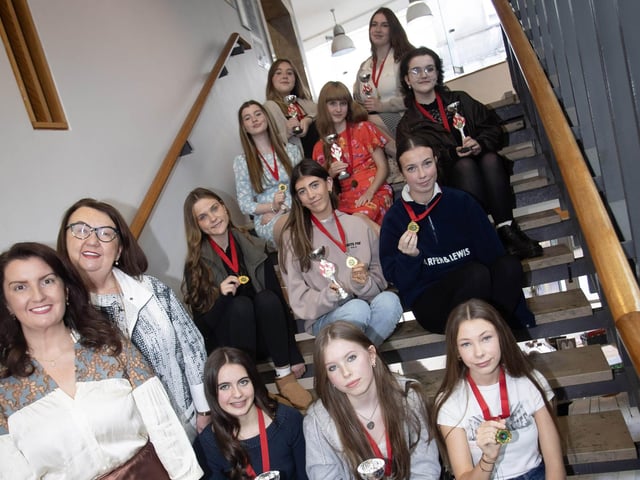 Blathnaid and Sandra Biddle pictured with some of their Year 12 pupils at Saturday's Charity Feis. : Foyle School of Speech and Drama's fantastic annual charity feis for the Foyle Hospice
