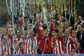 Derry captain Kevin Deery lifts the FAI Cup at the Aviva Stadium in 2012 after victory over St Pat's.