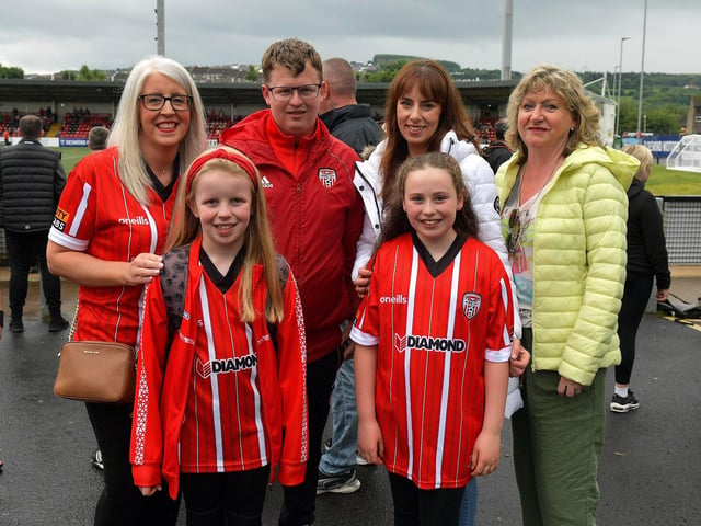 Smiling fans arrive at the Brandywell Stadium for Derry City’s game against Cork City. Photograph: George Sweeney. DER2325GS – 84