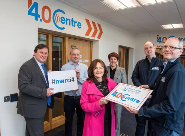 Pictured at the opening of the Industry 4.0 centre at NWRC are: Leo Murphy, Principal and Chief Executive of NWRC, Dr Mark Gubbins, Director of Development, Seagate Technologies, Belinda Tunnah, Department for the Economy, Jennifer McKeever, Chair of NWRC's Governing Body. Cathal Ferry, i4.0 Centre Manager, and Dr. Fergal Tuffy, NWRC Business Support Centre Manager. (Pic Martin McKeown)