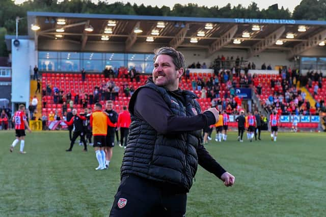 Derry City manager Ruaidhri Higgins salutes fans.