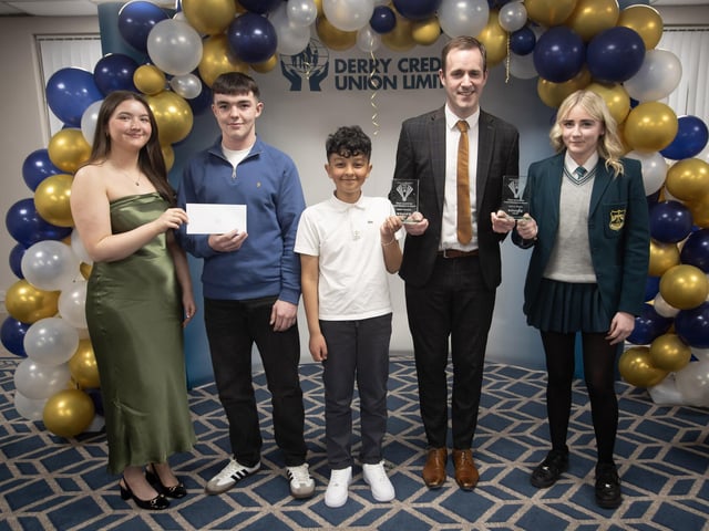 Derry Credit Union's Annual Young People's Awards 2025 winners receiving their prizes at the Waterfoot Hotel on Monday evening last from Owen McColgan, Keynote Speaker, and Youth Committee members Sarah Lindsay.