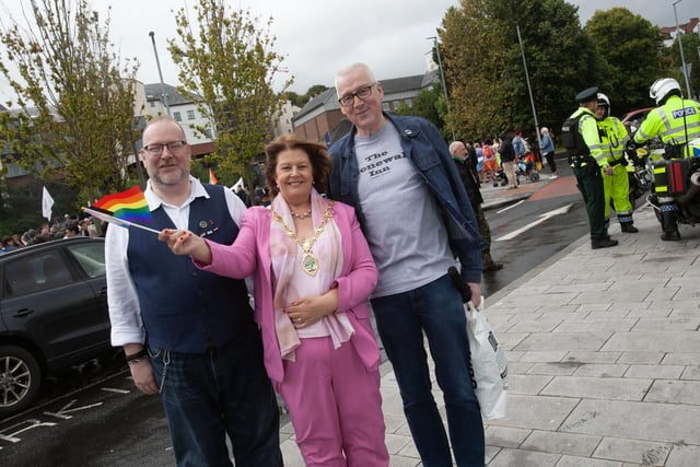 The Mayor of Derry City and Strabane District Council, Patricia Logue pictured at Saturday's Foyle Pride Parade with Edward Lord, Deputy Governor, The Honourable The Irish Society and Jim Doherty, chair, Foyle Pride. (Photos: JIm McCafferty Photography)