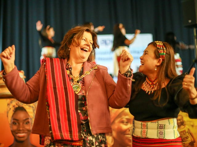 Mayor of Derry City & Strabane, Cllr Patricia Logue, dancing with Jonah Atos from Kabalikat in the North West.