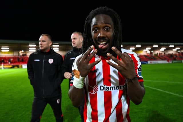 Kevin dos Santos of Derry City celebrates after the SSE Airtricity Men’s Premier Division match between Derry City and St Patrick's Athletic at The Ryan McBride Brandywell Stadium in Derry. Photo by Stephen McCarthy/Sportsfile