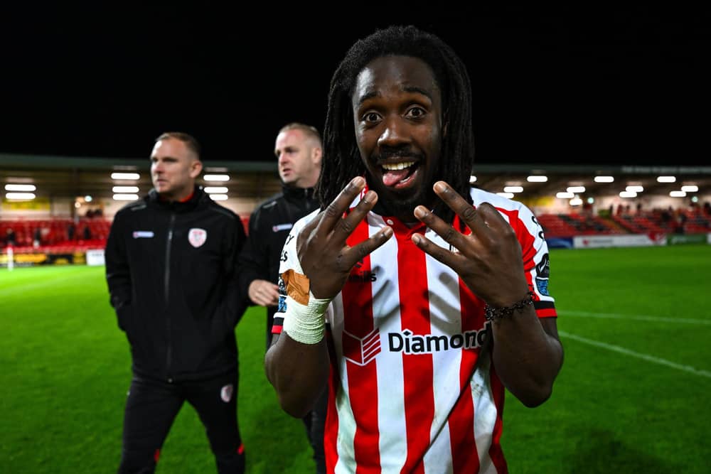 Kevin dos Santos of Derry City celebrates after the SSE Airtricity Men’s Premier Division match between Derry City and St Patrick's Athletic at The Ryan McBride Brandywell Stadium in Derry. Photo by Stephen McCarthy/Sportsfile