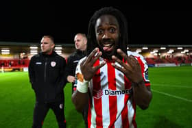 Kevin dos Santos of Derry City celebrates after the SSE Airtricity Men’s Premier Division match between Derry City and St Patrick's Athletic at The Ryan McBride Brandywell Stadium in Derry. Photo by Stephen McCarthy/Sportsfile