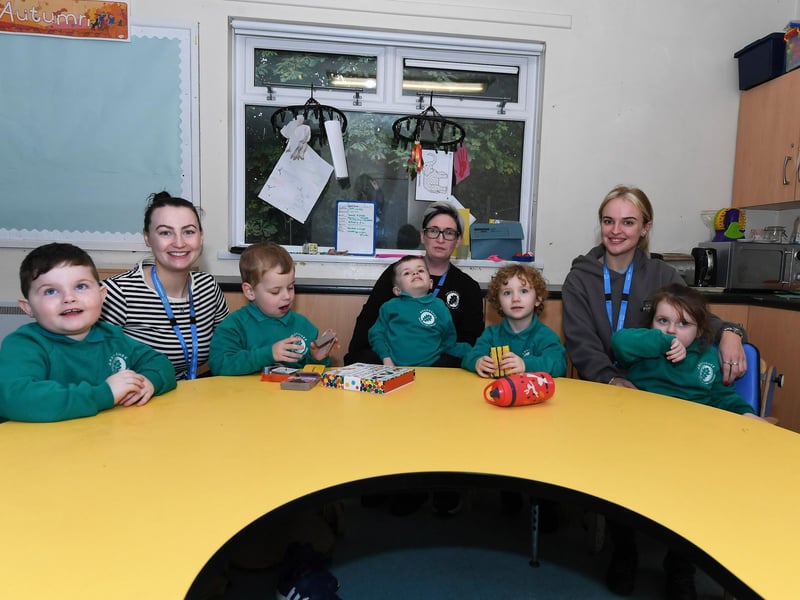 Mrs Devine with her P1 class and assistants at Ardnashee School.