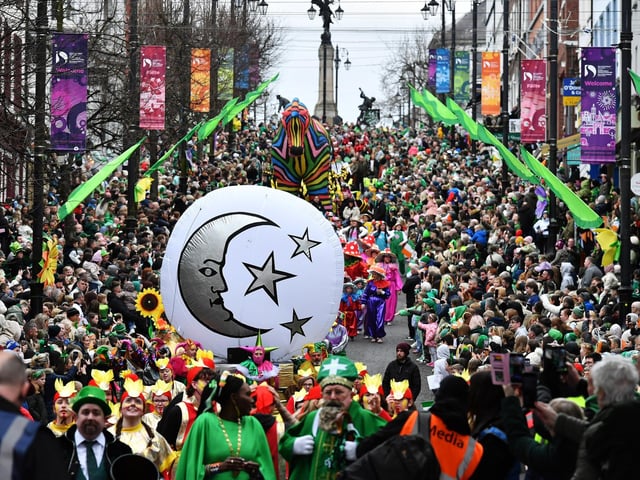 The Derry St Patrick’s Day parade makes its way towards the city centre on Monday afternoon. Photo: George Sweeney.