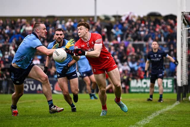 Lachlan Murray in action against Peadar Ó Cofaigh Byrne of Dublin during the GAA Football All-Ireland Senior Championship Round 3 match. Photo by Ramsey Cardy/Sportsfile
