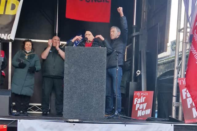 Eamonn McCann addressing a strike rally in Derry on January 18.