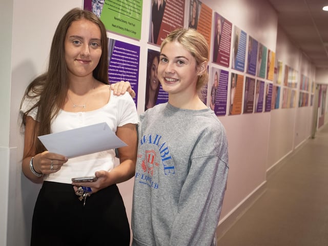 TWO HAPPY STUDENTS!. . . .Rachel Doherty and Caitlin Morrison delighted with their A Level results at St. Mary's on Thursday morning. (Photos: Jim McCafferty Photography)