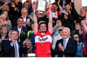 Derry captain Christopher McKaigue lifts the Anglo Celt Cup  in May. The Derry captain is one of two Oak Leaf representatives on this year's All Star team Photo by Stephen McCarthy/Sportsfile