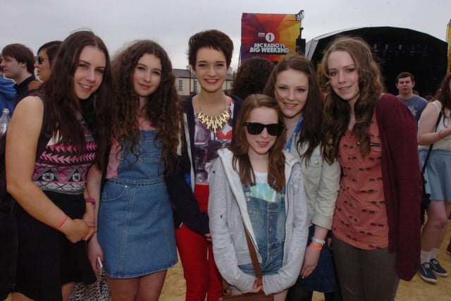 Mainstage at BBC Radio 1's Big Weekend are, from left, Lara Dingley, Amy Young, Amy Gardiner, Laura Olphert, Lucy Olphert and Claire Edwards. (2805PG41)