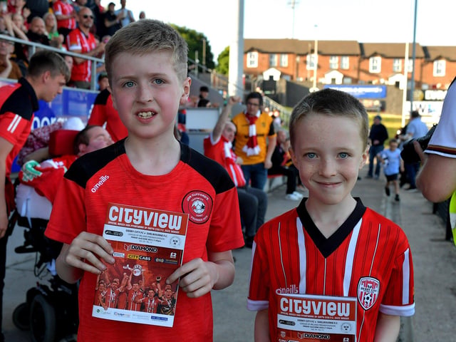 Young Derry City fans at the game against Shelbourne in the Ryan McBride Brandywell Stadium. Photo: George Sweeney. DER2321GS - 74