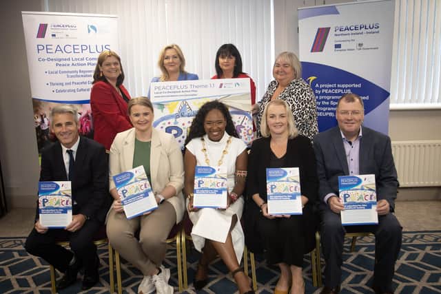 PEACEPLUS ACTION PLAN LAUNCH. . . . .Group pictured at the Derry City and Strabane District Council's PEACEPLUS Local Co-Designed Action Plan launch at the Waterfoot Hotel on Thursday last. The project supported by PEACEPLUS, a programme managed by the Special EU Programmes Body (SEUPB). Front from left are Kevin O'Connor, Head of Business, DCSDC, Aisling Reilly, Junior Minister, MLA, Ni Executive, Lillian Seenoi-Barr, Mayor of Derry City and Strabane District Council, Pamela Cameron, Junior Minister, MLA, NI Executive and Stephen Gillespie, Director of Business and Culture, DCSDC. Back from left, Sue Divin,, PEACE Programme Manager, Gina McIntyre, Chief Executive, SEUPB, Rosie Smyth, Department of Rural and Community Development (ROI) and Catherine Cooke, Foyle Women's Information Network. (Photos: Jim McCafferty Photography)