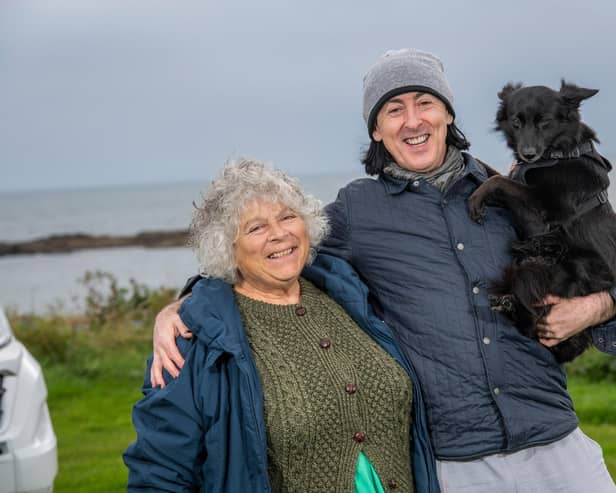 Miriam, Alan and Lala outside RV after Seaweed at Camus More in North Skye