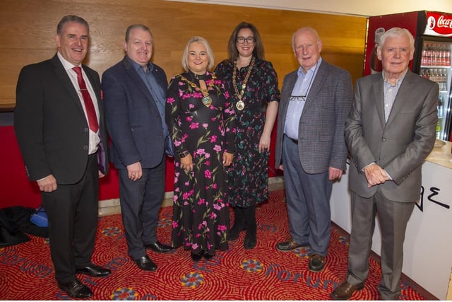 Martin Mullan, Producer, Martin Bradley, Chairman Milllennium Forum, Sandra Duffy, Mayor, Selina Horshi, President of Londonderry Chamber of Commerce, Donald Hill, Chairman of LMS and Willie Derry, Writer