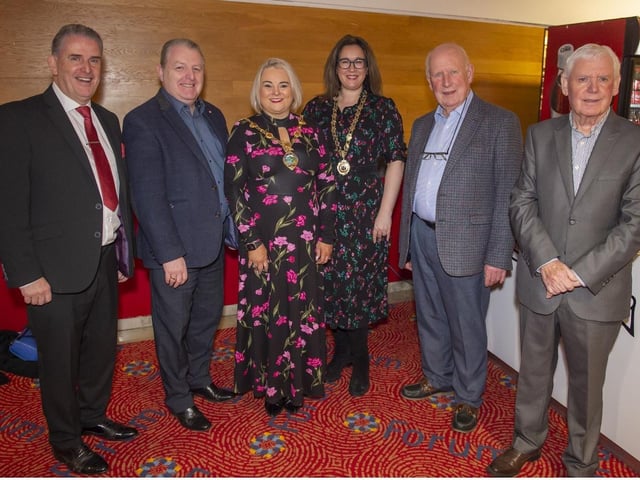 Martin Mullan, Producer, Martin Bradley, Chairman Milllennium Forum, Sandra Duffy, Mayor, Selina Horshi, President of Londonderry Chamber of Commerce, Donald Hill, Chairman of LMS and Willie Derry, Writer