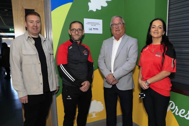 Happy 50th Galliagh… Pictured at the the launch of a Re-imaging project celebrating 50 years of the Galliagh Estate and funded by the Housing Executive are, left to right, Andy Mullan, Housing Executive Good Relations Officer West area, Eddie Doherty, Housing Executive West area manager, Tommy McCallion, Galliagh Community Centre Manager and Aileen Mellon, operations manager of On Street Community Youth. The mural was funded by the Housing Executive with artwork by local artist, Peaball. (Photo - Tom Heaney, nwpresspics)