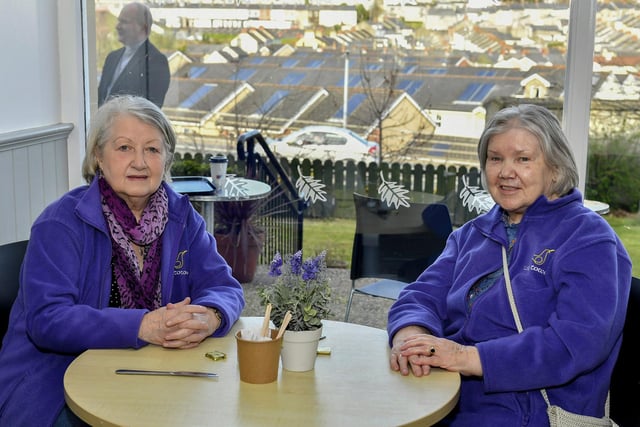 Catherine Moore and Helen McAdams, members of the Long Tower Purple Hearts, pictured the Cloisters Café based in Aras Cholmcille in the grounds of St Columbas Long Tower Church. Photo: George Sweeney