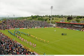 Derryand Donegal line out before their 2014 Ulster Championship meeting, the last time McGuinness took Donegal to Celtic Park in a Championship match.