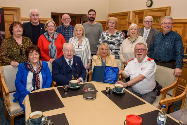 The Mayor Councillor Sandra Duffy welcomed members of the Order of Malta to the Guildhall where she presented the organisation with commemorative crystal in recognition of their contribution across the Derry City and Strabane District Council area. Picture Martin McKeown. 06.02.23:Mayor of Derry City and Strabane District Council’s reception for Knights of Malta in the Mayor’s Parlour, Guildhall on Monday 6th February.