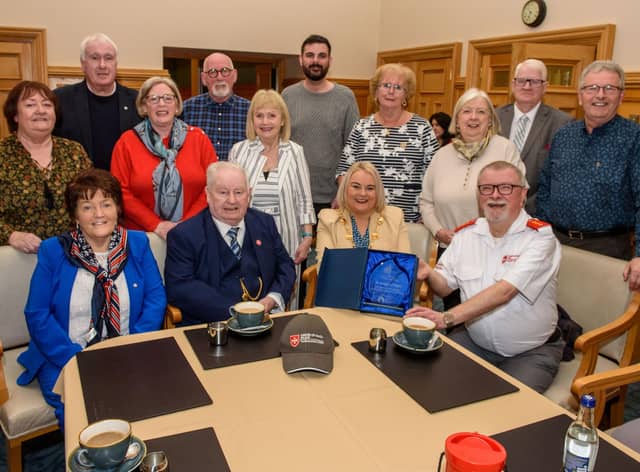 The Mayor Councillor Sandra Duffy welcomed members of the Order of Malta to the Guildhall where she presented the organisation with commemorative crystal in recognition of their contribution across the Derry City and Strabane District Council area. Picture Martin McKeown. 06.02.23:Mayor of Derry City and Strabane District Council’s reception for Knights of Malta in the Mayor’s Parlour, Guildhall on Monday 6th February.
