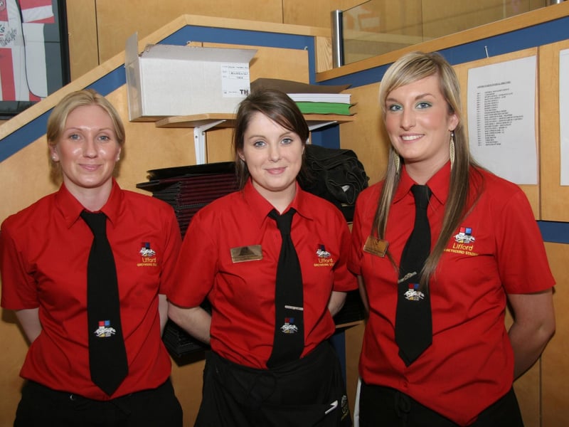 Staff members, Lorraine Dempsey, Shauna Campbell and Emma McGranaghan take time out for a photograph at the Lifford Stadium 0590JML : Parties and celebrations June 2006: Lifford Races.