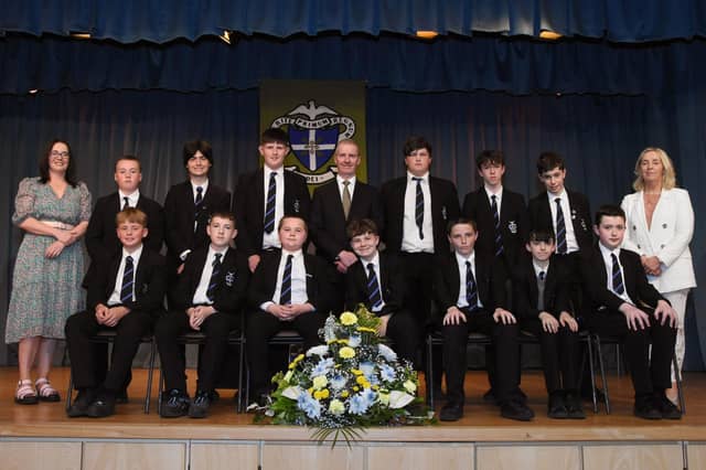 Year 9 Commitment Prizewinners 2022-2023 pictured with Mrs A L Kirby, Senior Teacher, Mr FJM Madden, Principal and Mrs M Burns, Year Head and Senior Teacher.
