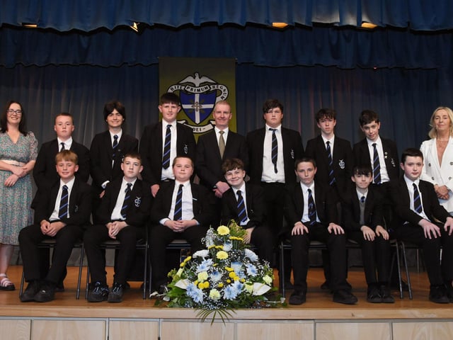 Year 9 Commitment Prizewinners 2022-2023 pictured with Mrs A L Kirby, Senior Teacher, Mr FJM Madden, Principal and Mrs M Burns, Year Head and Senior Teacher.