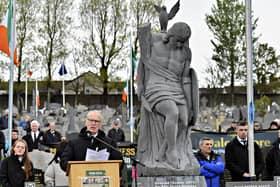 Gerry Kelly MLA delivers the oration at the Republican Plot, in the City Cemetery, during the commemoration of the 109th anniversary of the Easter Rising on Sunday afternoon. Photo: George Sweeney