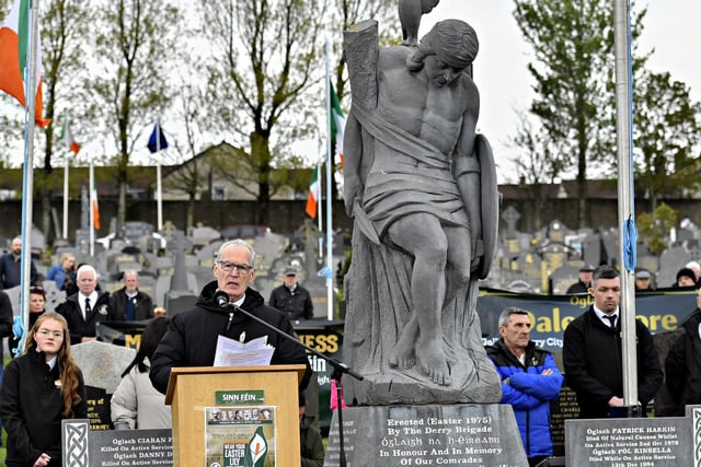 Gerry Kelly MLA delivers the oration at the Republican Plot, in the City Cemetery, during the commemoration of the 109th anniversary of the Easter Rising on Sunday afternoon. Photo: George Sweeney