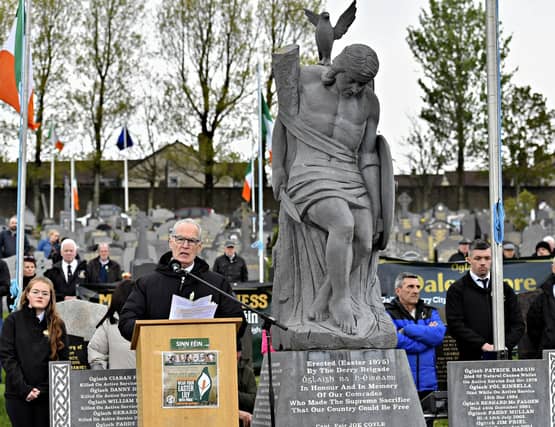 Gerry Kelly MLA delivers the oration at the Republican Plot, in the City Cemetery, during the commemoration of the 109th anniversary of the Easter Rising on Sunday afternoon. Photo: George Sweeney
