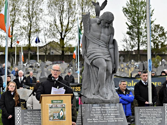 Gerry Kelly MLA delivers the oration at the Republican Plot, in the City Cemetery, during the commemoration of the 109th anniversary of the Easter Rising on Sunday afternoon. Photo: George Sweeney