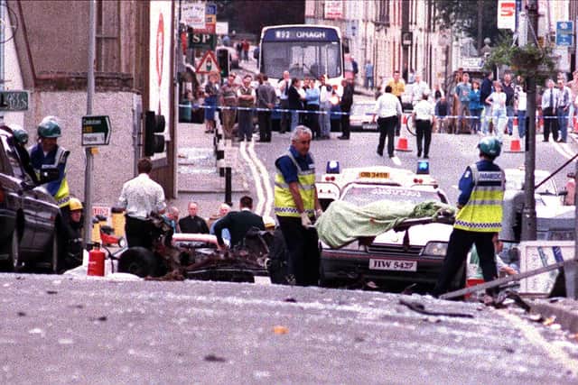 The aftermath of the Real IRA car bombing that killed 29 people on August 15, 1998.