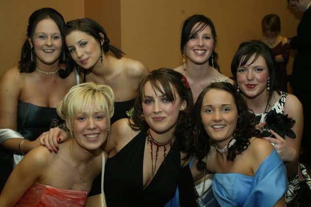 Girls are Aloud......... Thornhill College students Tracey Harkin, Clare McKenna, Ciara O'Kane, Ann Coughlan, Natalie Tierney, Stephanie McGuinness and Bronagh Hutton pose for the camera. (0203JB49):Attendees enjoying the Thornhill College formal in April 2004.