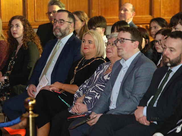The Mayor Sandra Duffy and her husband Kevin, alongside Daphne Trimble, Nicholas Trimble and Colum Eastwood.